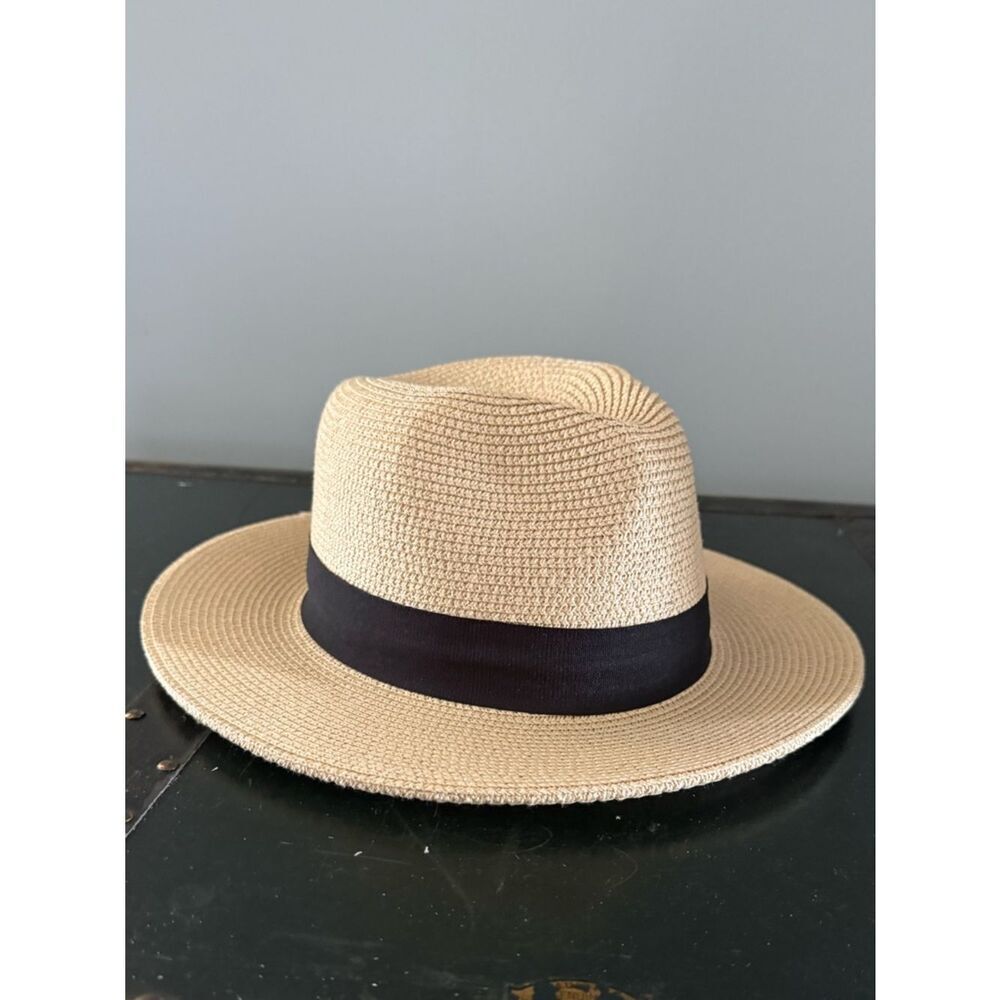 Sun Straw Fedora Beach Hat Fine Braid UPF50+ Black Band 56-58
